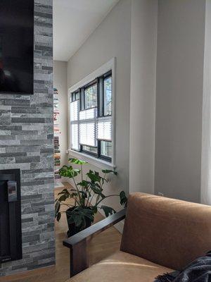 Living room with shades.