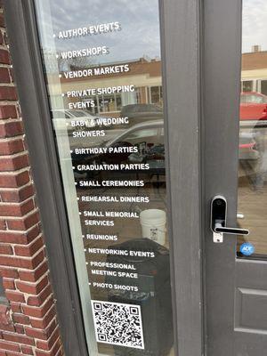 Window with information about uses for the space