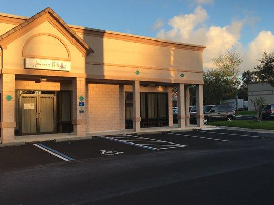 Journey of Faith Christian Church building at sunset