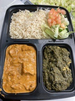 Butter chicken, saag paneer rice salad came with a naan bread and yogurt raita. Yummy