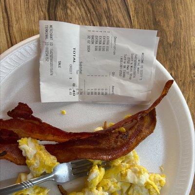 8.49 for this plate and a drink. The eggs were freshly made and the bacon was good. Disappointed in the amount of food for the price