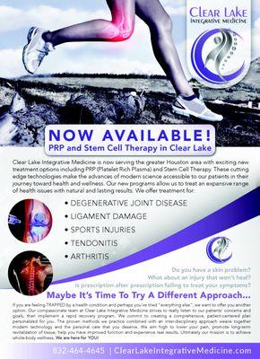 Now offering regenerative medicine. Give us a call to get your initial consultation!