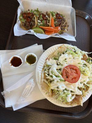Carne asada tacos and chicken quesadilla