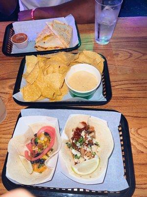 Shrimp Quesadilla; Chips and Queso; BBQ Chicken Taco & Buffalo Shrimp Taco