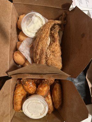 2 piece Whiting Platter with hush puppies along with honey garlic wings