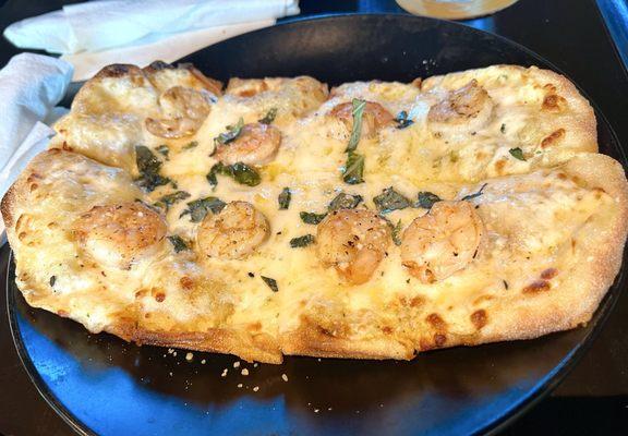 Mariner Pinsa (Flatbread Pizza) with Shrimp, Provolone, Garlic Butter & Basil - Delicious!
