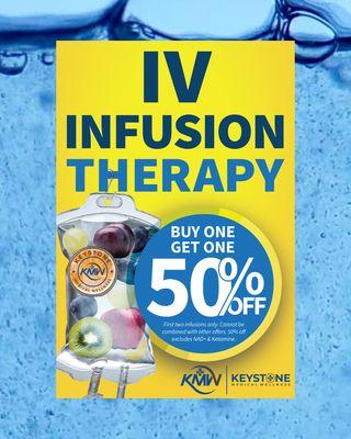 Save big with this deal! Get your first 2 IV infusions buy 1 get 1 50% off! *excludes ketamine and NAD. Non-transferable.