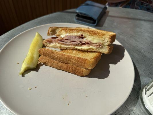 The grilled ham and cheese on sourdough. Nice pickle!