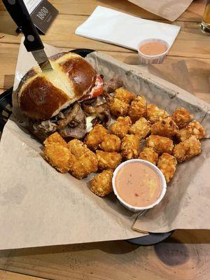 "Not a burger" with tater tots.