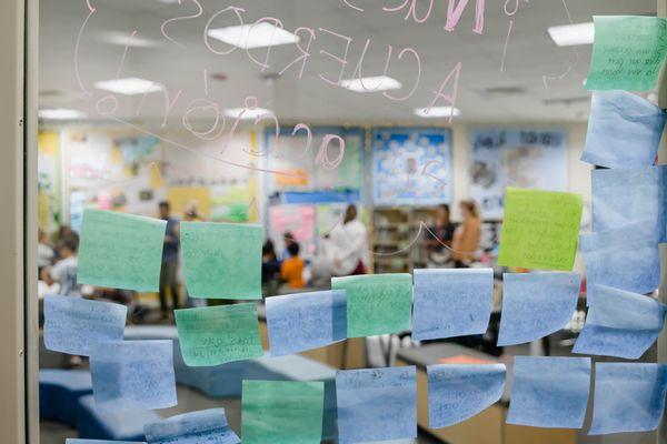 Student learning is evident all over the place, as students use post it notes in a variety of thinking routines to articulate their ideas.