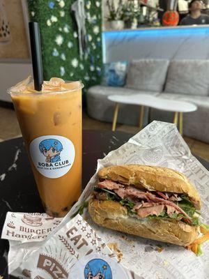 Thai milk tea and pork belly sandwich