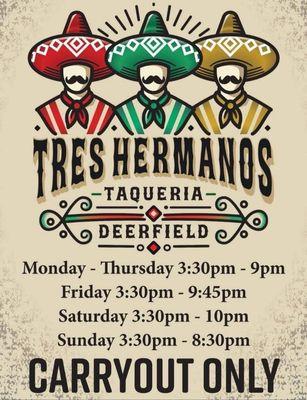 Logo of restaurant with hours