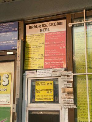 Menu for ice cream and food! So much to choose from and reasonable prices! ( Especially the homemade specialty ice cream!