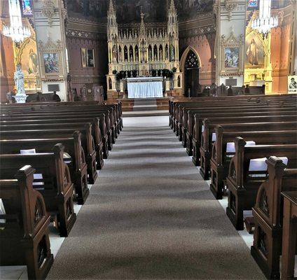 Pew restoration at St. John Church Clinton MA new Atwood Hamlin kneelers Jim Egan Project Manager