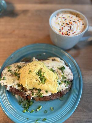 Whipped Feta Toast with egg. (It's The Great) Pumpkin Cheesecake Latte (12 oz)