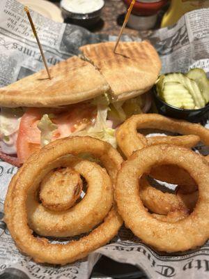 Italian panini and onion rings