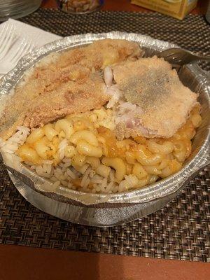 whiting, mac n cheese, white rice
