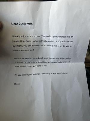 The letter they sent in the package with the confirmation number for the musical instrument.