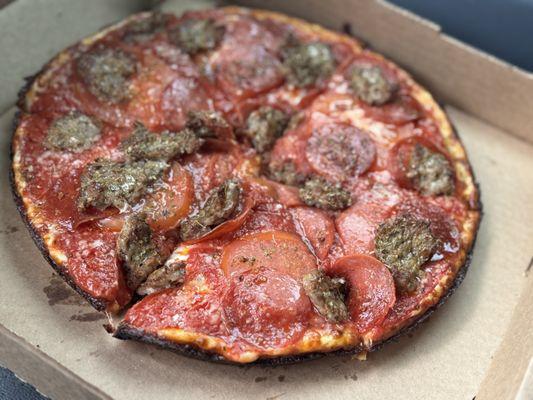 Build your own cheese pan pizza with tomato, sausage and pepperoni