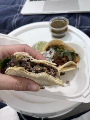 About half eaten steak taco. It's a good size