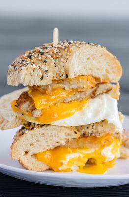Like Tomorrow's A Rumor
2 eggs over-easy, everything bagel, sausage patty, hash brown patty, cheddar cheese