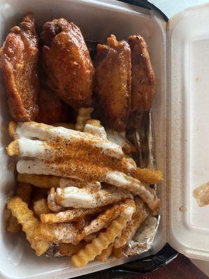 Hot wing and Cajun ranch fries