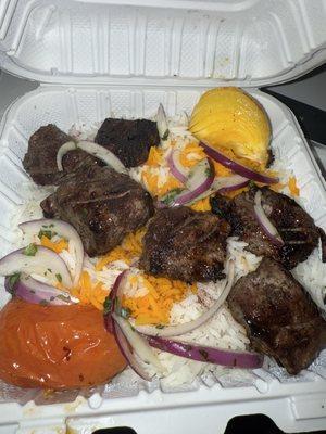 Lamb Kabob, rice grilled tomato & onion
