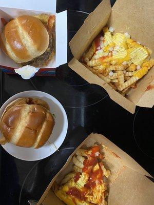 Nashville spicy chicken sandwich, Chris style burger, seasoned crinkled fries. No chopped burger on fries when ordered.