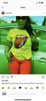 Yellow Rollin stone blouse with orange jeans