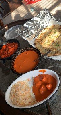 Butter chicken, rice, garlic naan.