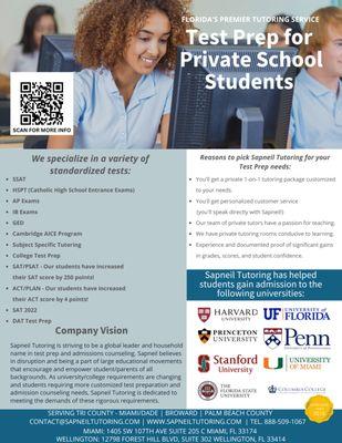 Test Prep, Tutoring and customized academic college advising for private and public high school students!