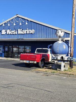 Customer's face leaving a West Marine.