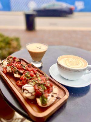 Caprese salad on crostini toast, a breve and an espresso martini for two!