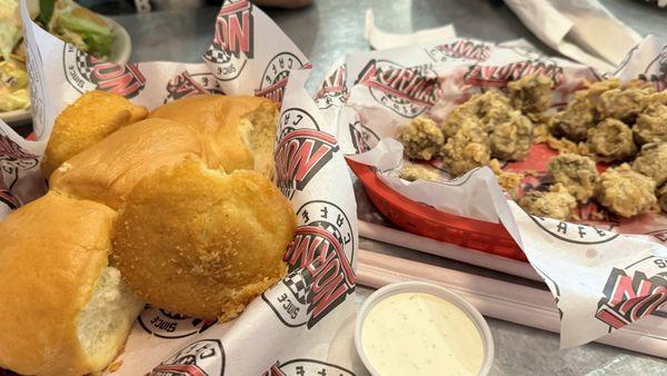 Fresh rolls & cornbread & fried mushrooms. There were more in basket-late on pic