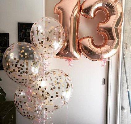 Rose Gold Number Balloons with Confetti Balloons
