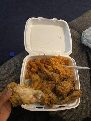 Fried Chicken Wings. Yams & rice.