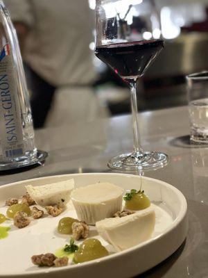 Tonka Bean Panna Cotta with Candied Walnuts, Green Apple Gel, & Basil Oil