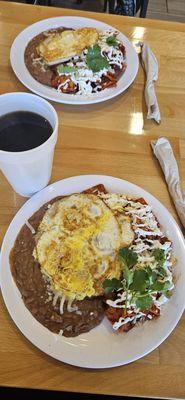 Chilaquilles with red sauce, cafe de olla