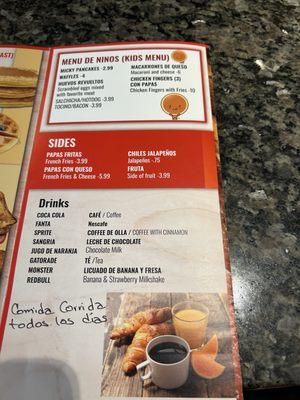 Kids menu and drinks and side dishes