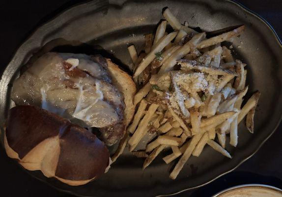 Steak burger w Swiss and Parmesan French fries