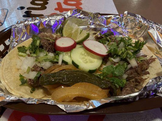 2 tacos (tongue and brisket)