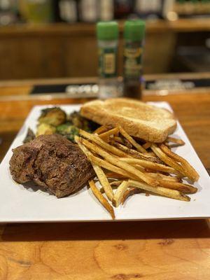 Medium rare filet, brussel sprouts, fries