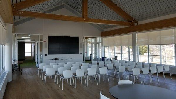 Upstairs holds a large space and big, multi-screened technology for presentations, movies, and other performances.