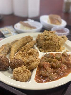 Fried catfish and shrimp, stewed okra and seafood jambalaya