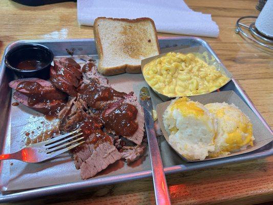 Brisket with Sausage. Sides: Mac N Cheese and Mashed Potatoes