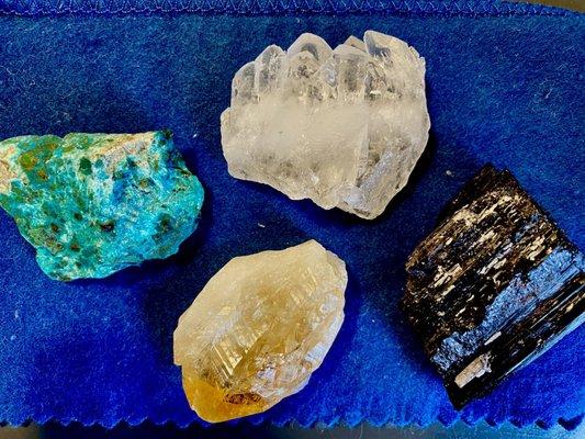 Chrysocolla, citrine, black tourmaline and clear quartz. Beautiful stones, my new favs. I can feel a lot of energy from these.