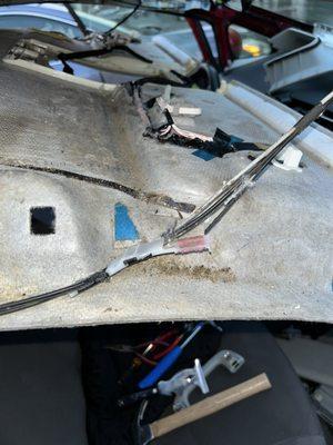 Prius headliner interior, rodent poop, gnawed wires, and taped-in air-fresheners