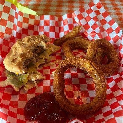1/3 country burger with onion rings.