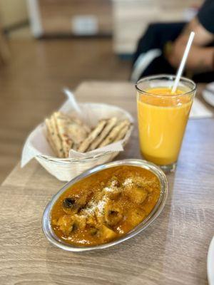 Mushroom curry, mango lassi, garlic naan