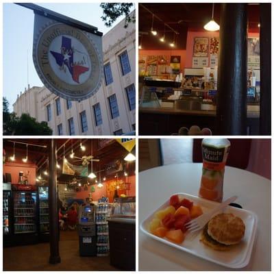 sausage biscuit and fresh fruit, oj